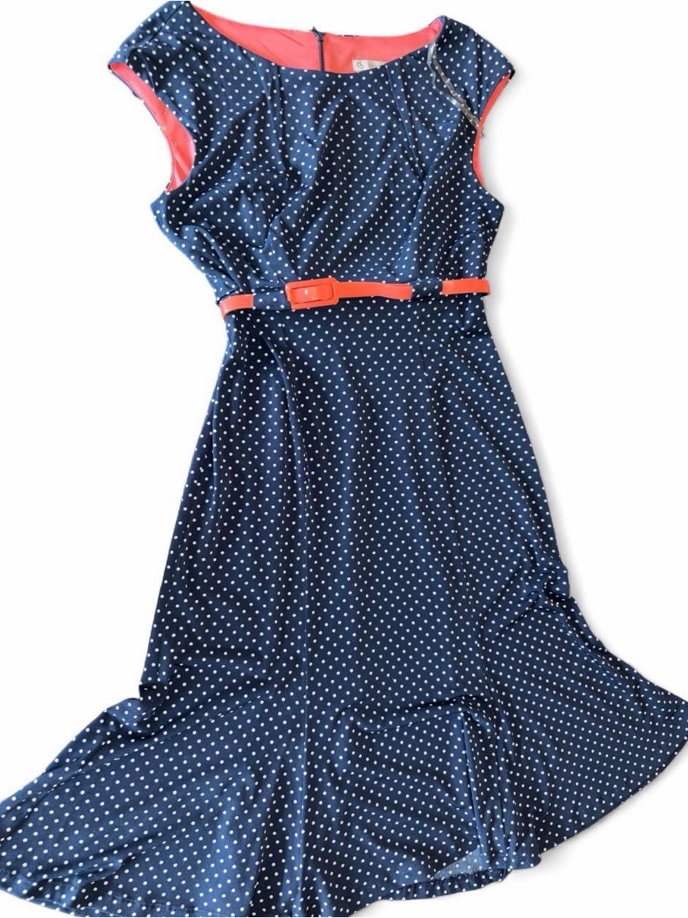 Dress Barn Navy Polka Dot Dress with Coral Lining